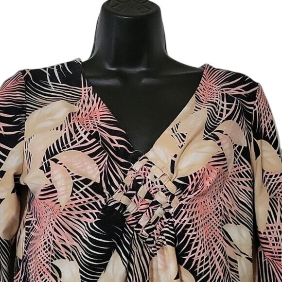 Caribbean Joe Leaf Print V-Neck‎ Stretch Top Womens Size M Black/Pink - Picture 3 of 5